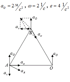 Равносторонний треугольник со стороной 1м движется в плоскости чертежа. Определить ускорения точек А и В, если ускорение точки О а<sub>о</sub> = 2<sup>м</sup>/<sub>с<sup>2</sup></sub> , угловая скорость ω=2 <sup>1</sup>/<sub>с</sub>  и угловое ускорение  ε= 4 <sup>1</sup>/<sub>с<sup>2</sup></sub>. <br />Найти: а<sub>А</sub>, a<sub>B</sub>