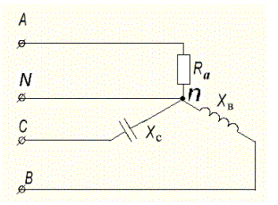 Для электрической схемы, изображенной на рис.20-23, по заданным в табл.4 параметрам и линейному напряжению определить фазные токи, активную мощность всей цепи и каждой фазы отдельно, построить векторную диаграмму и графически определить ток в нейтральном проводе. <br />Вариант 9   <br />Дано:  Uл = 380 В, Ra = 10 Ом, Xb = 5 Ом, Xc = -20 Ом