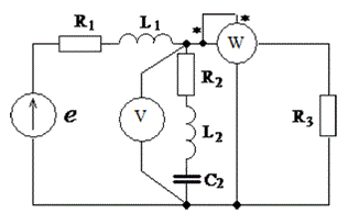 Найти<br /> 1) полное сопротивление электрической цепи и его характер; <br />2) действующие значения токов в ветвях; <br />3) показания вольтметра и ваттметра; <br />4) построить векторную диаграмму токов и топографическую диаграмму напряжений для всей цепи.<br /> Вариант 60<br /><b>Дано</b> <br />E=180 В; f=50 Гц; <br />R1=10 Ом; <br />R2=6 Ом; <br />R3=10 Ом; <br />L1=25.5 мГн; <br />L2=38.2 мГн; <br />C2=318 мкФ;