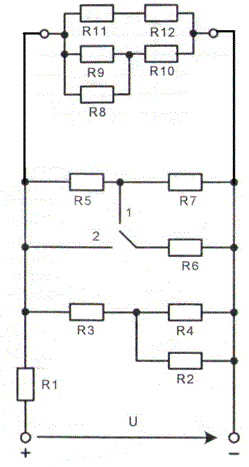 «Расчет разветвленных электрических цепей» <br /> Задание 1: Решить методом эквивалентных преобразований.  <br />Определить эквивалентное сопротивление RЭ электрической цепи постоянного тока и распределение токов по ветвям. Вариант электрической цепи, положение выключателей В1 и В2 в схемах, величины сопротивлений резисторов R1 – R12 и питающего напряжения U для каждого из вариантов задания представлены в таблице. <br /> Дано: U = 220 В, R1 = 3 Ом, R2 = 3 Ом, R3 = 2 Ом, R4 = 4 Ом, R5 = 4 Ом, R6 = 1 Ом, R7 = 4 Ом, R8 = 5 Ом, R9 = 10 Ом, R10 = 5 Ом, R11 = 4 Ом, R12 = 8 Ом <br />Положение выключателя К1 – 1