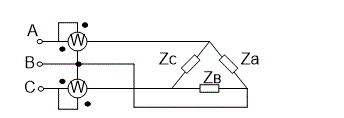 Для измерения мощности трехфазной цепи с симметричным линейным напряжением U<sub>л</sub> используются два ваттметра (рисунок). Приемник содержит симметричные активно-индуктивные сопротивления Z<sub>А</sub>=Z<sub>В</sub>=Z<sub>С</sub>, соединенные треугольником. Мощность каждой фазы приемника равна РФ при коэффициенте мощности cosφ. Требуется: 1. Построить векторную диаграмму цепи. 2. По данным диаграммы вычислить показания каждого ваттметра. 3. Убедится, что сумма показаний ваттметров равна активной мощности трехфазного приемника. <br /> Вариант 1<br />Дано: U<sub>л</sub>=127 В; Р<sub>Ф</sub>=1,27 кВт; сosφ=0,5;