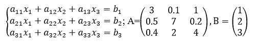 Прямые методы решения систем линейных алгебраических уравнений (слау) <br /> Лабораторная работа №2 . Вариант 4<br />Решить систему линейных алгебраических уравнений<br />Методами:   <br />1. Гаусса с выбором ведущего элемента  <br />2. LU-разложения  <br />3. Квадратного корня (при этом принять a_21=a_12, a_31=a_13, a_32=a_23)  <br />4. Решить СЛАУ в MathCad