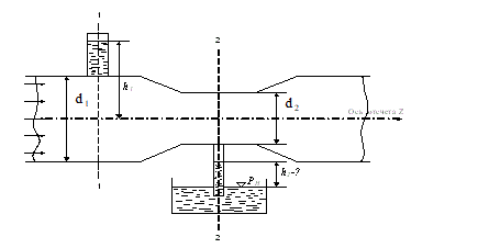 Воздух продувается через трубу с расходом  Q = 25·10<sup>-3</sup> м<sup>3</sup>/с. Диаметры поперечного сечения в широкой и узкой части соответственно равны d<sub>1</sub> = 100 мм,  d<sub>2</sub> = 50 мм. Найти высоту уровня жидкости h<sub>2</sub> , если известно, что манометр, установленный в широкой части трубы показал избыточное давление- P<sub>1н</sub> = 0,98·10<sup>5</sup> Па . Жидкость считать несжимаемой. Гидравлические потери в трубе не учитывать.