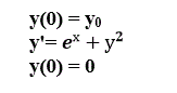 Найти три первых отличных от нуля члена разложения в степенной ряд решения дифференциального уравнения, удовлетворяющему начальному условию <br /> y(0) = у<sub>0</sub>, у'= e<sup>х</sup>+у<sup>2</sup>, у(0) = 0