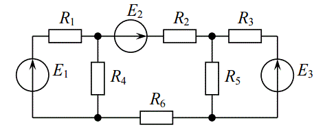 Для заданной электрической цепи (рис. 1–3), в которой R5 = 75 Ом, R6 = 100 Ом, а остальные параметры указаны в табл. 1, требуется рассчитать:  <br />• все токи и напряжения методом контурных токов;  <br />• все токи и напряжения методом узловых напряжений;  <br />• ток через сопротивление R6 методом эквивалентного источника.<br /> Проверить правильность решения по законам Кирхгофа<br />Вариант 1 Схема 1   <br /><b>Дано:</b> E1 = 15 В, Е2 =10 В, Е3 = 5 В, R1 = 100 Ом, R2 = 200 Ом, R3 = 300 Ом, R4 = 240 Ом