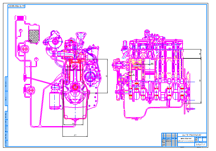 Дизельный двигатель (продольный и поперечный разрез, файл формата CDW)
