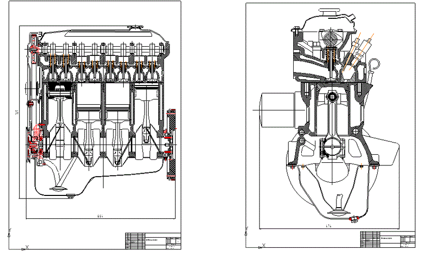 Четырехтактный дизельный двигатель (поперечный и продольный разрез, файла формата FRW)