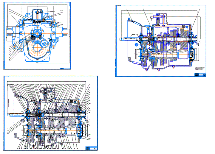 Коробка передач автомобиля КамАЗ 6460 (продольный, поперечный разрез и вид сзади) (3 файла формата CDW)       