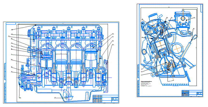 Двигатель внутреннего сгорания (продольный и поперечный разрез, 2 файла формата CDW)