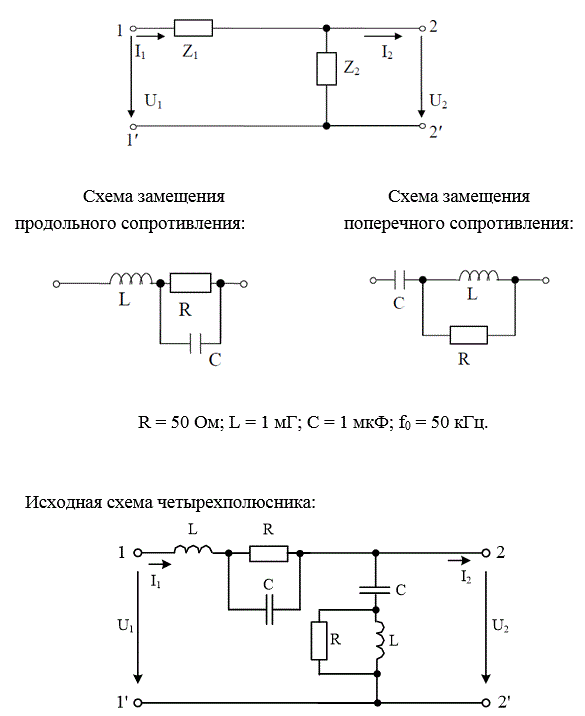 На рисунке представлена Г-образная эквивалентная схема четырехполюсника (ЧП), где Z1 – продольное сопротивление, Z2 – поперечное сопротивление. <br />Выполнить следующее: <br />1) начертить исходную схему ЧП; <br />2) свести полученную схему ЧП к Г-образной эквивалентной схеме ЧП, заменив трехэлементные схемы замещения продольного и поперечного сопротивлений двухэлементными схемами: Z1 = R1 ± jX1, Z2 = R2 ± jX2. Дальнейший расчет вести для эквивалентной схемы; <br />3) определить коэффициенты А - формы записи уравнений ЧП: <br />а) записывая уравнения по законам Кирхгофа; <br />б) используя режимы холостого хода и короткого замыкания; <br />4) определить сопротивления холостого хода и короткого замыкания со стороны первичных (11’) и вторичных выводов (22’): <br />а) через А–параметры; <br />б) непосредственно через продольное и поперечное сопротивления для режимов холостого хода и короткого замыкания на соответствующих выводах; <br />5) определить характеристические сопротивления для выводов 11’ и 22’ и постоянную передачи ЧП; <br />6) определить комплексный коэффициент передачи по напряжению и передаточную функцию ЧП.<br /> Вариант 467