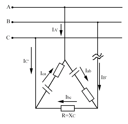 Построить в общем виде векторную диаграмму при обрыве линии В при условии R = X<sub>C</sub>