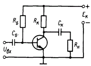 В  схеме  простейшего  усилителя  низкой частоты  на  транзисторе (рис.)  начальное смещение  базы  в  режиме  покоя  задаётся  током  резистора  RБ.  Даны  параметры  RK,  EK и h21Э.  Рассчитать  значение  RБ так,  чтобы  в  режиме  покоя  между  коллектором  и  эмиттером транзистора было задано напряжение U<sub>КЭ</sub>. <br /> Вариант 6<br /><b>Дано </b>Rк = 2,4 кОм; Eк = 14 В; h21э = 50; Uкэ = 9 В;