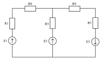 Для электрической цепи постоянного тока определить: <br />1)	Токи в ветвях схемы с помощью 1-го и 2-го законов Кирхгофа <br />2)	Токи в ветвях схемы методом контурных токов <br />3)	Составить баланс мощностей <br />4)	Построить потенциальную диаграмма внешнего контура <br />5)	Методом эквивалентного генератора определить ток через R1 <br />Дано: Е1 = 110 В, Е3 = 60 В, Е5 = 50 В R1 = 0.2 Ом, R3 = 2 Ом, R5 = 1 Ом, R8 = 1.8 Ом, R9 = 1 Ом