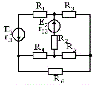 1.	Составить систему уравнений для определения токов путем непосредственного применения законов Кирхгофа <br />2.	Определить токи в ветвях методом контурных токов <br />3.	Определить режим работы активных элементов и составить баланс мощностей. <br />4.	Построить потенциальную диаграмму для контура, содержащего оба активных элемента   <br />Вариант 5<br />Дано: E1 = 100 В, Е2 = 160 В R01 = 1.2 Ом, R02 = 0.6 Ом, <br />R1 = 4 Ом, R2 = 6 Ом, R3 = 30 Ом, R4 = 19 Ом, R5 = 28 Ом, R6 = 17 Ом