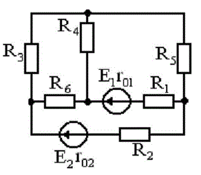 1.	Составить систему уравнений для определения токов путем непосредственного применения законов Кирхгофа <br />2.	Определить токи в ветвях методом контурных токов <br />3.	Определить режим работы активных элементов и составить баланс мощностей. <br />4.	Построить потенциальную диаграмму для контура, содержащего оба активных элемента   <br />Вариант 7<br />Дано: E1 = 120 В, Е2 = 140 В R01 = 2.6 Ом, R02 = 1.1 Ом,<br /> R1 = 2 Ом, R2 = 5 Ом, R3 = 30 Ом, R4 = 27 Ом, R5 = 15 Ом, R6 = 19 Ом