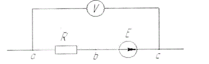 К зажимам a и с схемы подключен вольтметр, как показано на рисунке (Здесь и далее внутреннее сопротивление вольтметра будем полагать бесконечно большим. Следовательно, подключение или отключение вольтметра на режим работы цепи не влияет).     <br />Если ток I=10 A течет от a к с , то показание вольтметра U<sub>ac</sub> = -18В, а если тот же по величине ток течет от с к a, то показание вольтметра U<sub>ac</sub> = -20В. <br />Определить величину R и E.