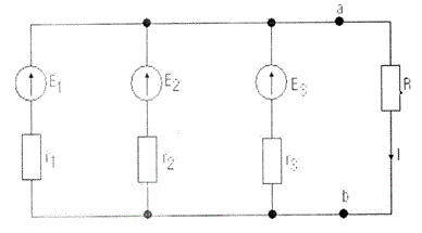 Три генератора с э.д.с. Е<sub>1</sub> = 48 В; Е<sub>2</sub> = Е<sub>3</sub> =45 и внутренними сопротивлениями r<sub>1</sub> = 1,2 Ом, r<sub>2</sub> = 1,2 Ом, r<sub>3</sub> = 1,2 Ом работают параллельно на общую нагрузку R=4,2 Ом, как показано на рисунке.    	<br />Требуется определить напряжение на нагрузке U<sub>ab</sub>, токи нагрузки и генераторов.