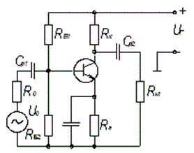 Для усилительного транзисторного каскада <br />1.1. Выбрать транзистор по приложению 1, определить напряжение источника питания UП, рассчитать сопротивление резисторов и выбрать их номиналы по приложению 2. <br />1.2. Определить h-параметры, h11Э, h21Э  в рабочей точке транзисторного каскада, его входное и выходное сопротивления RВХ и R<sub>ВЫХ</sub>. <br />1.3. Найти амплитуды напряжения и тока базы Uбт, Iбт, коэффициенты усиления каскада по току, напряжению и мощности KI, KV, KP и амплитуду напряжения источника сигнала UGm. <br />1.4. Рассчитать емкости конденсаторов, выбрать их номинал по приложениям 2,3. <br />Вариант 22<br />Дано: Rн = 180 Ом; Uнм = 1,5 В; R<sub>G</sub> = 200 Ом; fн = 75 Гц; Tm = 40° C;