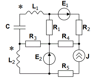 Дана электрическая цепь, в которой действуют источники переменного тока и напряжения: <br />1. Определить токи во всех ветвях схемы:  <br />- методом контурных токов  <br />2. Определить ток в конденсаторе С1:  <br />- методом эквивалентного генератора напряжения (для четных вариантов схем) <br /> - методом эквивалентного генератора тока (для нечетных вариантов схем)  <br />3. Определить напряжения на каждом элементе схемы  <br />4. Проверить правильность расчета схемы:  <br />- законами Кирхгофа  <br />- балансом мощности  <br />Вариант 5 (схема 5, данные 1)   <br />Дано: Е1 = 50 В, φE1= 45°, Е2 = 90 В, φE2= 0°,  J = 10 мА, φJ= 30°, f = 10 кГц R1 = 2 кОм, R2 = 2 кОм, R3 = 2 кОм, R4 = 3 кОм, R5 = 6 кОм L1 = 159 мГн, L2 = 79.5 мГн, M = 15.9 мГн, С = 1.99 нФ