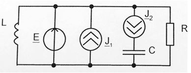 Методом наложения определить ток в L<br /> Дано: E = 1 В, J1 = 0.4 мА, J2 = 0.8 мА, R = 1 кОм, XC = 3 кОм, XL = 2 кОм