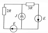 Билет 21 задача 1<br />Методом двух узлов определить напряжение на источнике тока <br />Дано: Е = 50 В, J = 5 A, R = 2 Ом