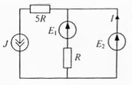 Билет 23 задача 1<br />Методом контурных токов определить ток I <br />Дано: Е1 = 30 В Е2 = 10 В J = 3 A R = 2 Ом