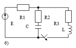 РАССЧИТАТЬ: <br />а) переходные напряжение и ток конденсатора классическим методом;  <br />б) переходный ток конденсатора операторным методом. <br />ИЗОБРАЗИТЬ на одном графике кривые  uС(t) и iС(t). В случае апериодического процесса кривые построить в интервале 0…3τ1,  где τ1 =1/|p1| , p1 - меньший по модулю корень характеристического уравнения. В случае колебательного процесса кривые построить в интервале 0…3(1/δ), где δ - вещественная часть комплексно-сопряжённых корней характеристического уравнения. <br />Во всех вариантах действует источник постоянной ЭДС E=100В, индуктивность L=100мГ.<br /> Вариант 11<br />Дано<br /> Номер схемы:6;<br /> R1 = 25 Ом; R2 = 25 Ом; R3 = 25 Ом;<br /> С = 110 мкФ, L = 100 мГн