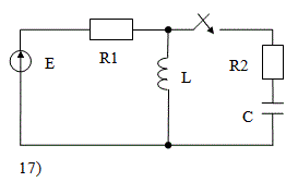 РАССЧИТАТЬ: <br />а) переходные напряжение и ток конденсатора классическим методом;  <br />б) переходный ток конденсатора операторным методом. <br />ИЗОБРАЗИТЬ на одном графике кривые  uС(t) и iС(t). В случае апериодического процесса кривые построить в интервале 0…3τ1,  где τ1 =1/|p1| , p1 - меньший по модулю корень характеристического уравнения. В случае колебательного процесса кривые построить в интервале 0…3(1/δ), где δ - вещественная часть комплексно-сопряжённых корней характеристического уравнения. <br />Во всех вариантах действует источник постоянной ЭДС E=100В, индуктивность L=100мГ.<br /> Вариант 16<br />Дано<br /> Номер схемы:17;<br /> R1 = 20 Ом; R2 = 6 Ом; R3 = 0 Ом;<br />С = 280 мкФ, L = 100 мГн