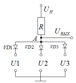 Задача 4-0<br />Определить токи через диоды и напряжение на выходе Uвых, если Uп=2,2В, R=0,5 кОм, U1=U2=0,2В, U3=1,2В. Определить дифференциальное сопротивление диодов Rдиф и сопротивление постоянному току Rп<br />Вариант AБ-ВГД--- 17-319-ТБ<br /> Дано: Uн = 2,2 В; U1 = 0,2 В; U2 = 0,2 В; U3 = 1,2 В; R = 0,5 кОм;