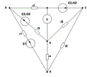 Для электрической схемы по заданным сопротивлениям и ЭДС, выполнить следующее: <br />1) составить систему уравнений, необходимых для определения токов по первому и второму законам Кирхгофа; <br />2) найти все токи, пользуясь методом контурных токов; <br />3)проверить правильность решения, применив метод узлового напряжения. Предварительно упростить схему, заменив треугольник сопротивлений r4, r5, r6 эквивалентной звездой. Начертить расчетную схему с эквивалентной звездой и показать на ней токи; <br />4) определить ток в резисторе r6 методом эквивалентного генератора; <br />5) определить показание вольтметра и составить баланс мощностей для заданной схемы; <br />6) построить в масштабе потенциальную диаграмму для внешнего контура.<br />Вариант 18<br /> Исходные данные: Е1 = 12 В; Е2 = 48 В; Е3 = 6 В; r02 = 0,4 Ом; r03 = 0,4 Ом; r1 = 2,5 Ом; r2 =  1 Ом; r3 = 4 Ом; r4 = 15 Ом; r5 = 2 Ом; r6 = 2 Ом.