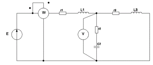 Для электрической схемы по заданным параметрам и ЭДС источника определить токи во всех ветвях цепи и напряжения на отдельных участках. Составить баланс активной и реактивной мощностей. Построить в масштабе на комплексной плоскости векторную диаграмму токов и потенциальную диаграмму напряжений по внешнему контуру. Определить показание вольтметра и активную мощность, показываемую ваттметром.   <br />Вариант 18<br />Исходные данные: Е = 200 В; f = 50 Гц; С2 = 1600 мкФ; L1 = 31,8 мГн; L3 = 95 мГн; r1 = 10 Ом; r2 = 8 Ом; r3 = 10 Ом.