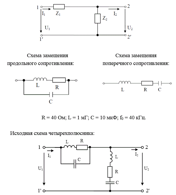 На рисунке представлена Г-образная эквивалентная схема четырехполюсника (ЧП), где Z1 – продольное сопротивление, Z2 – поперечное сопротивление. <br />Выполнить следующее: <br />1) начертить исходную схему ЧП; <br />2) свести полученную схему ЧП к Г-образной эквивалентной схеме ЧП, заменив трехэлементные схемы замещения продольного и поперечного сопротивлений двухэлементными схемами: Z1 = R1 ± jX1, Z2 = R2 ± jX2. Дальнейший расчет вести для эквивалентной схемы; <br />3) определить коэффициенты А - формы записи уравнений ЧП: <br />а) записывая уравнения по законам Кирхгофа; <br />б) используя режимы холостого хода и короткого замыкания; <br />4) определить сопротивления холостого хода и короткого замыкания со стороны первичных (11’) и вторичных выводов (22’): <br />а) через А–параметры; <br />б) непосредственно через продольное и поперечное сопротивления для режимов холостого хода и короткого замыкания на соответствующих выводах; <br />5) определить характеристические сопротивления для выводов 11’ и 22’ и постоянную передачи ЧП; <br />6) определить комплексный коэффициент передачи по напряжению и передаточную функцию ЧП.<br /> Вариант 321