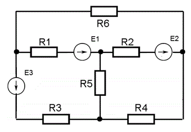 1.	По заданным значениям ЭДС и параметрам элементов рассчитайте токи во всех ветвях цепи методом контурных токов <br />2.	Проверьте правильность расчета путем составления баланса мощности <br />3.	Рассчитать потенциалы и построить потенциальную диаграмму для внешнего контура  <br />Вариант 15     <br />Дано: Е1 = 5 В, Е2 = 10 В, Е3 = 15 В, R1 = 10 Ом, R2 = 10 Ом, R3 = 5 Ом, R4 = 5 Ом, R5 = 5 Ом, R6 = 10 Ом
