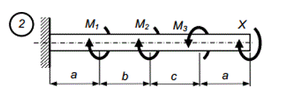 Кручение<br />  Для  стального  вала  (модуль  сдвига  G = 8 ⋅ 10<sup>4</sup> МПа  = 8⋅10<sup>5</sup>  кг/см<sup>2</sup>) требуется:  <br /> 1. Построить эпюру крутящих моментов.  <br />  2. Подобрать диаметр вала из расчета на прочность и округлить его значение до ближайшего, равного: 30, 35, 40, 45, 50, 60, 70, 80, 90, 100 мм.  <br /> 3. Построить эпюру углов закручивания.  <br /> Исходные данные:  Схема 2,   M<sub>1</sub>=1160 кН, M<sub>2</sub>=1370 кН, M<sub>3</sub>=780 кН,   a=1,2 м,    b=1,2 м,    c=1,2 м,   X=2220 Н·м.