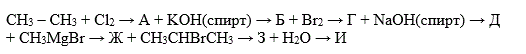 Осуществить превращения:<br />  CH<sub>3</sub> –CH<sub>3</sub> + Сl<sub>2</sub> → А + KOH(спирт) → Б + Br<sub>2</sub> → Г + NaOH(спирт) → Д  + CH<sub>3</sub>MgBr → Ж + CH<sub>3</sub>СHBrCH<sub>3</sub> → З + Н<sub>2</sub>О → И 