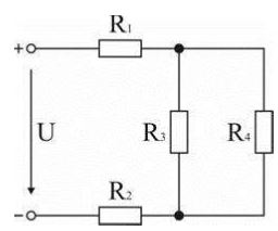 В схеме (рис. 1.34)  напряжение U = 65 В, напряжение на зажимах резистора R4 равно 20 В.  Определить все токи в схеме, если R2 = 15 Ом, R3 = 10 Ом, R4 = 30 Ом