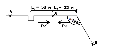 Определить горизонтальное осевое усилие H<sub>го</sub> на неподвижную опору Б. Определить вертикальную нормативную нагрузку F<sub>v</sub> на подвижную опору. Схема расчетного участка приведена на рис.3.8 <br /> Трубопровод с d<sub>н</sub>xS =159x6 мм проложен в техподполье. Вес одного погонного метра трубопровода с водой и изоляцией G<sub>h</sub>=513 Н. Расстояние между подвижными опорами L=7 м. Коэффициент трения в подвижных опорах μ=0,4. Реакция компенсатора P<sub>к</sub>=7,85 кН. Сила упругой деформации угла поворота P<sub>х</sub>=0,12 кН.