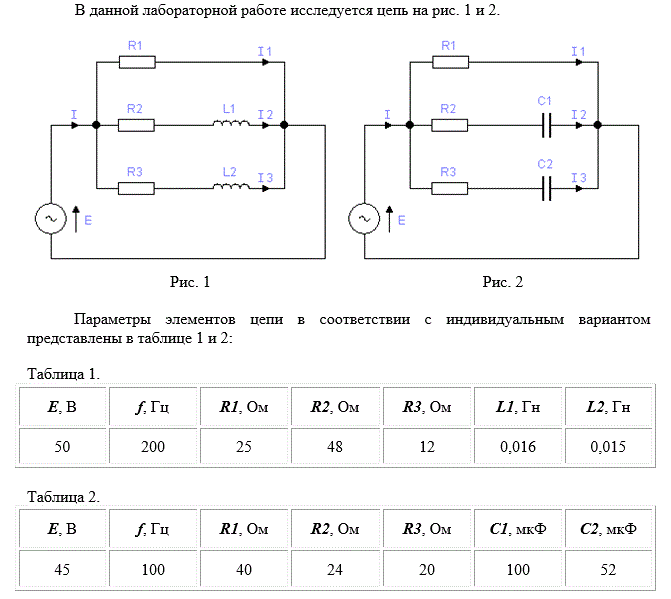 Исследование цепей на переменном синусоидальном токе (Лабораторная работа 2)<br />1.1. Собрать цепь согласно рис. 52 учебно-методического пособия, включив в каждую ветвь по амперметру и параллельно каждому элементу по вольтметру. Измерить с помощью амперметров и вольтметров действующие значения токов и напряжений.  <br />1.2. Измерить с помощью осциллографа амплитуды напряжений на всех элементах и фазовые сдвиги между синусоидами напряжений на активных и реактивных элементах.  <br />1.3. Рассчитать все токи и напряжения. Расчетные и экспериментальные данные занести в таблицу. Сравнить полученные результаты и сделать выводы.  <br />1.4. Построить векторную диаграмму токов и напряжений.  <br />2.1. Собрать схему согласно рис. 52 учебно-методического пособия и выполнить для нее задания пунктов 1.1 –  1.4.