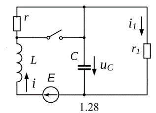 1) Определить значения i и u на катушке, конденсаторе и резисторе r1, а также их производные по времени для t = 0-; 0+ и inf <br />2) Определить законы изменения во времени i и u на катушке и r1, построить их временные зависимости <br />3) Определить длительность переходного процесса<br /><b>Дано:</b><br /> Е = 50В (постоянный ток) <br />r = r1 = 25 Ом <br />L = 0,4 Гн <br />C = 0,2 мФ