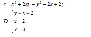 Найти наибольшее и наименьшее значения функции z = z(x,y)  в области D, ограниченной заданными линиями. <br /> z = x<sup>2</sup> + 2xy - y<sup>2</sup> - 2x +2y <br /> y = x+ 2 <br /> x= 2 <br /> y = 0