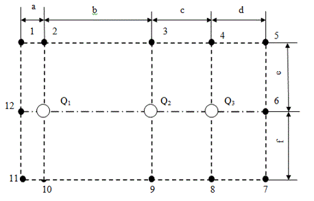 Три электрических заряда Q1,  Q2 и  Q3 расположены на одной линии; расстояния между ними b и c. Необходимо найти напряженность Е и потенциал φ электрического поля в указанных цифрами точках и напряжение U между ними, а также силу F, действующую на заряд q, помещенный в указанную в колонках 12 (для четных вариантов) и 13 (для нечетных вариантов) точку, при нахождении  зарядов: а) в воздухе; б) в заданной среде (колонка 14). Размещение зарядов и расчетных точек дано на рисунке.<br /> Вариант 2