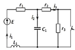 Дана электрическая цепь второго порядка, в которой происходит коммутация (рис. 1-30). В цепи действует постоянная ЭДС Е. Рассчитать переходный процесс в цепи и определить закон изменения во времени тока в ветви с индуктивностью и напряжения на ёмкости (для всех вариантов), а также падение напряжения на резисторе R1, если на схеме ключ не связан с этим элементом, иначе – ток через резистор R3. Построить графики iL(t), uС(t), uR1(t) или iR3(t). <br />Задачу следует решать классическим методом. На основании полученного аналитического выражения требуется построить график изменения искомой величины в функции времени в интервале от t = 0 до t = |5/pmin|, где pmin – меньший по модулю корень характеристического уравнения.<br /><b>Вариант 18</b>