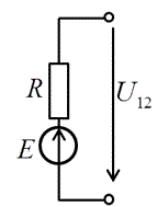 При прохождении тока I = 15A через батарею в одном направлении, напряжение между ее зажимами U<sub>12</sub>  = 37 В; при прохождении тока в обратном направлении U<sub>12</sub>' = 43 В. Определить ЭДС батареи Е и внутреннее сопротивление   