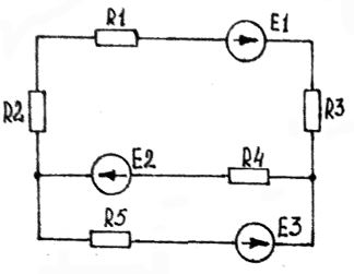 Расчет цепей постоянного тока <br />1.	Методом непосредственного применения законов Кирхгофа рассчитать токи во всех ветвях одной из схем рис. 1.1-1.24 <br />2.	Рассчитать токи в ветвях методом контурных токов. Сопоставить результаты расчетов п.1 и п.2 <br />3.	Составить баланс мощностей для данной схемы <br />4.	Построить для внешнего контура схемы потенциальную диаграмму. Определить по ней токи в ветвях этого контура. <br />5.	Определить ток в ветви с сопротивлением R1 методом эквивалентного генератора.<br /> Вариант 1<br /><b>Дано:</b><br /> R1 = 40 Ом, R2 = 48 Ом, R3 = 60 Ом, R4 = 31 Ом, R5 = 82 Ом,  Е1 = 0, Е2 = 30 В, Е3 = 80 В