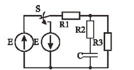 Расчет переходного процесса первого порядка <br /> Дано: Е = 10 В, R<sub>1</sub> = 10 Ом, R<sub>2</sub> = 20 Ом, R<sub>3</sub> = 30 Ом, C = 10 мкФ. <br /> Необходимо:  <br /> - рассчитать переходной процесс, протекающий в электрической цепи с одним реактивным элементом; <br /> - рассчитать напряжение на реактивном элементе и ток через него после коммутации; <br /> - построить зависимости от времени напряжения и тока реактивного элемента после коммутации