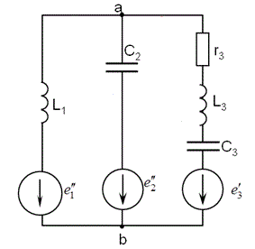 Линейные электрические цепи однофазного синусоидального тока  <br /><b>Исходные данные:</b> <br />Символическая запись схемы: a(E1L1+E2C2+E3L3r3C3)b<br />  Параметры схемы: r3 = 10 Ом, L1 = 8 мГн, L3 = 8 мГн, С2 = 8 мкФ, С3 = 4 мкФ,<br />E1m = 50e<sup>j0°</sup> В, E2m = 100e<sup>j30°</sup> В, E3m = 14e<sup>j45°</sup> В, f=400Гц.  <br /><b>Требуется:</b> <br />1. Начертить схему электрической цепи с обозначением узлов и элементов ветвей, соблюдая требования ЕСКД. <br />2. Составить уравнения по законам Кирхгофа в интегро-дифференциальной и символической формах. <br />3. Применить один из методов расчета линейных электрических цепей. Определить комплексные действующие токи во всех ветвях цепи. Записать выражения для мгновенных значений токов. Частота тока во всех вариантах f=400 Гц. <br />4. Построить векторную диаграмму токов.