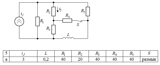 Рассчитать операторным методом ток или напряжение, обозначенное на схеме. Построить их графики.  <br />Определить постоянную времени цепи.   <br />Единицы измерения:  [B],  [А],  [Ом],  [Гн],  [Ф].