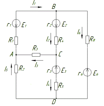 Определить все токи в ветвях методом контурных токов. Составить баланс мощностей.<br /> Вариант 1<br />Дано: Е1 = 60 В; Е2 = 20 В; Е3 = 30 В; Е6 = 75 В; r1= 1 Ом; r2= 1 Ом; r3= 1 Ом; r6= 1 Ом; R1 = 40 Ом; R2= 25 Ом; R3= 10 Ом; R4= 15 Ом; R5= 20 Ом; R8= 40 Ом.