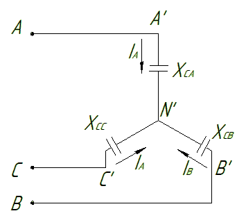 Контрольное задание №3 (3.1-11) <br />Соединение нагрузки по схеме «звезда» <br />Несимметричная нагрузка без нулевого провода <br />Вариант 1<br />Дано: Uл = 220 В; Х<sub>СА</sub> = 20 Ом; Х<sub>СВ</sub> = 40 Ом; Х<sub>СС</sub> = 25 Ом.  <br />Определить напряжения  на  фазах  приемника электрической энергии; фазные токи, линейные токи; активные, реактивные и полные мощности фаз приемников, коэффициенты мощности;  построить  векторную  диаграмму.