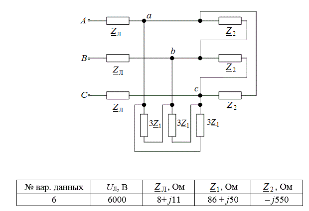 1) Нарисовать схему замещения электрической цепи. Указать положительные направления токов линий и фаз 3-х фазной цепи; <br />2) Выполнить расчет линейных и фазных токов и напряжений; <br />3) Рассчитать активную, реактивную и полную мощность 3-х фазной цепи. Проверить выполнение баланса мощностей; <br />4) Нарисовать схему включения ваттметров для измерения активной мощности 3-х фазной цепи, рассчитать показания каждого ваттметра и активную 3-х фазную мощность; <br />5) Нарисовать топографическую диаграмму напряжений и векторную диаграмму токов 3-х фазной цепи.<br /> Вариант 9, данные 6